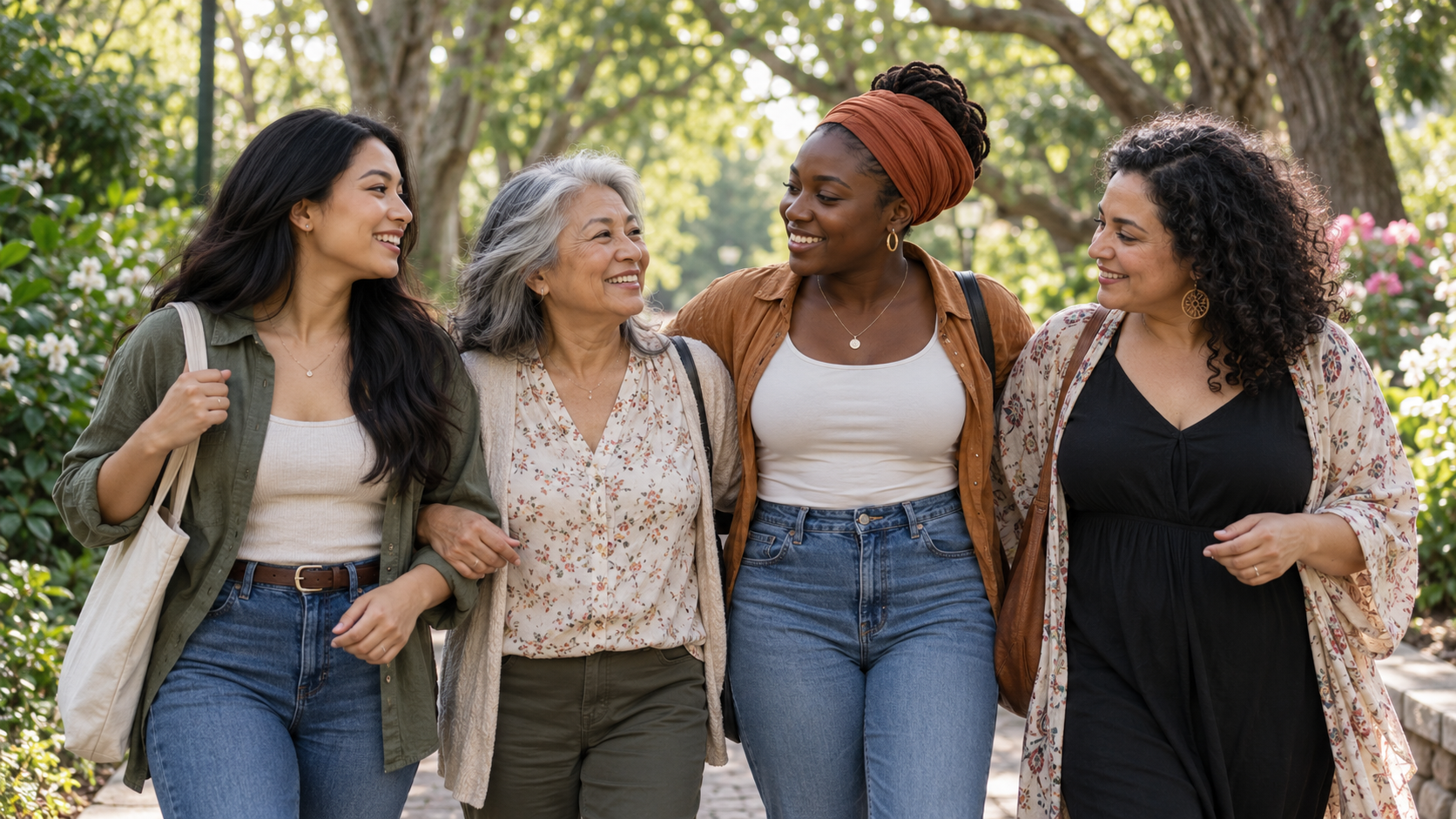 Four Women of different ages and backgrounds walking together through a garden, smiling and sharing a moment of connection.